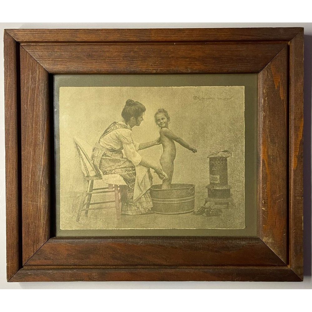 VINTAGE R. Hendrickson Mom Bathing Child In Tin Tub Framed Print Black &‎ White